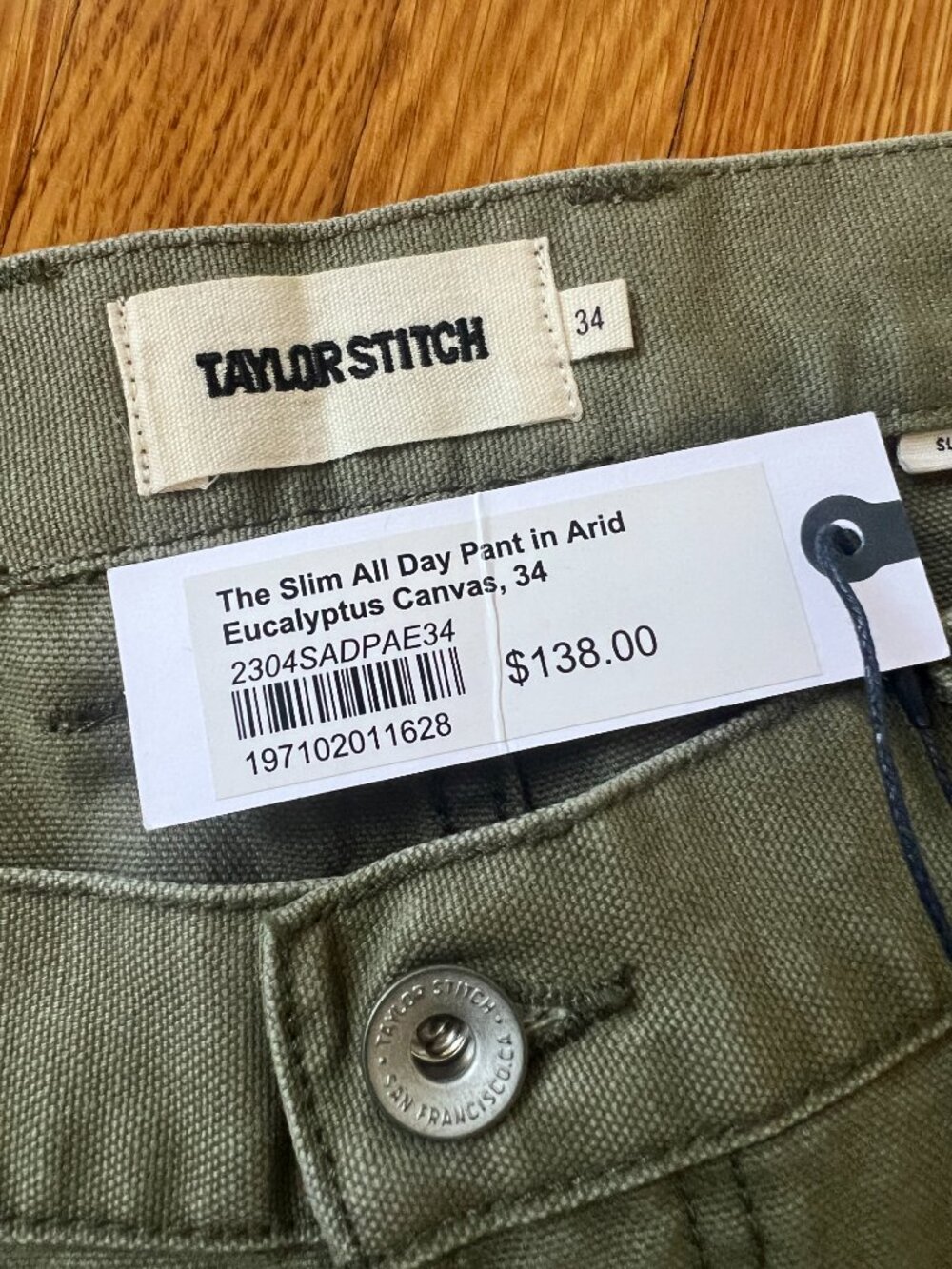 Taylor Stitch The Slim All Day Pants Eucalyptus Green Canvas - Men's 34x34 (NWT) - Picture 6 of 9